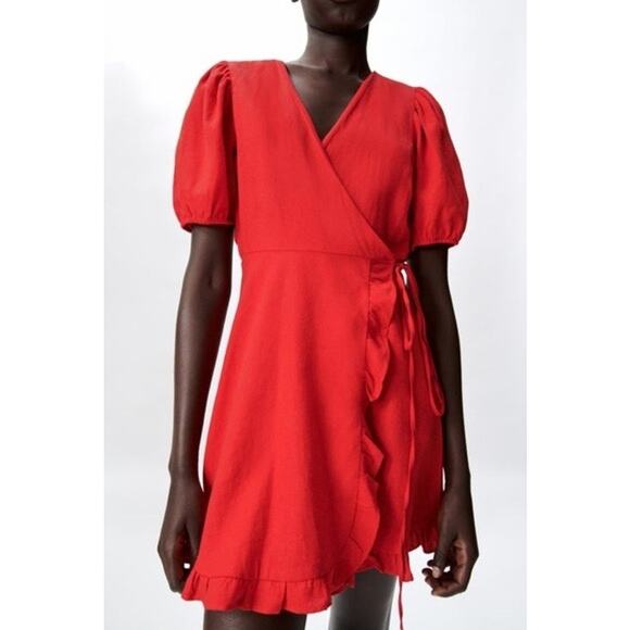 Women's Zara Red Lined Blend Wrap Puffed Sleeve Mini Dress Size XS - Picture 2 of 12